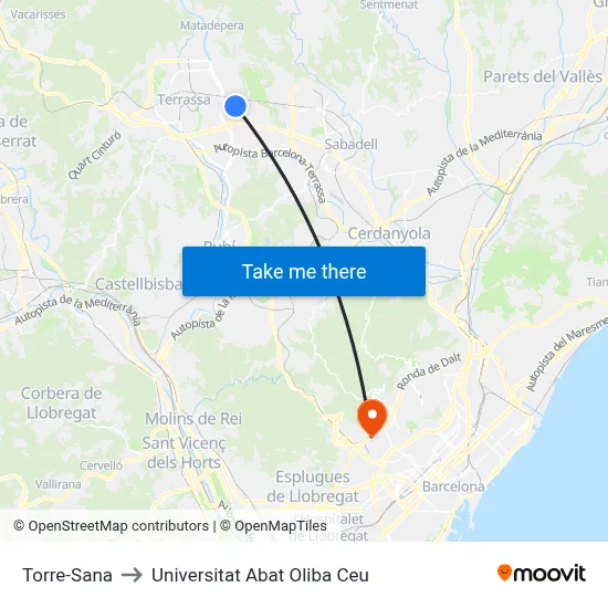 Torre-Sana to Universitat Abat Oliba Ceu map