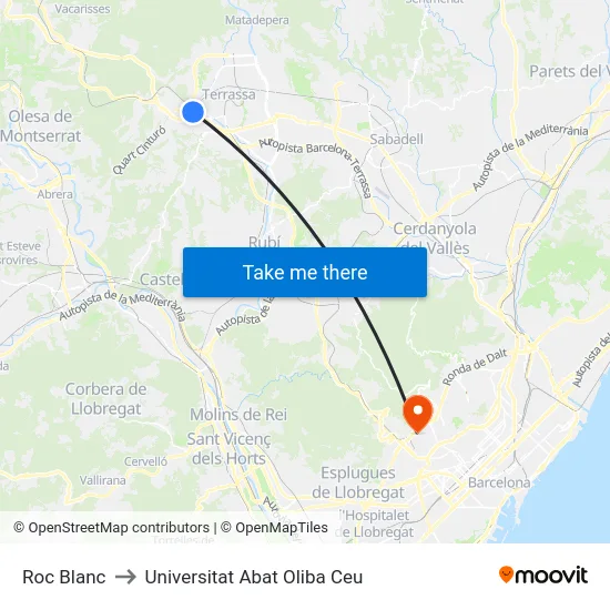 Roc Blanc to Universitat Abat Oliba Ceu map