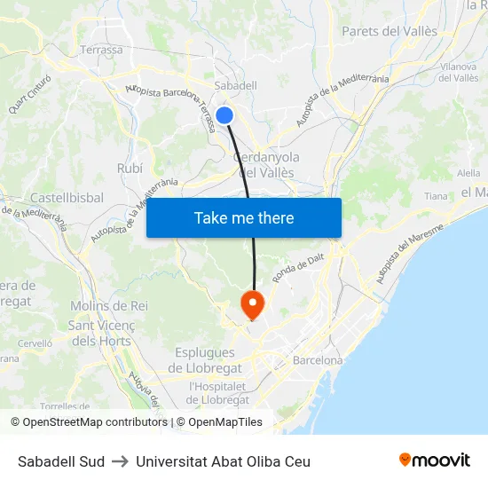Sabadell Sud to Universitat Abat Oliba Ceu map