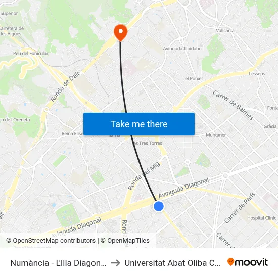 Numància - L'Illa Diagonal to Universitat Abat Oliba Ceu map