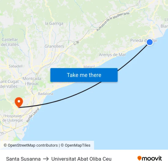 Santa Susanna to Universitat Abat Oliba Ceu map