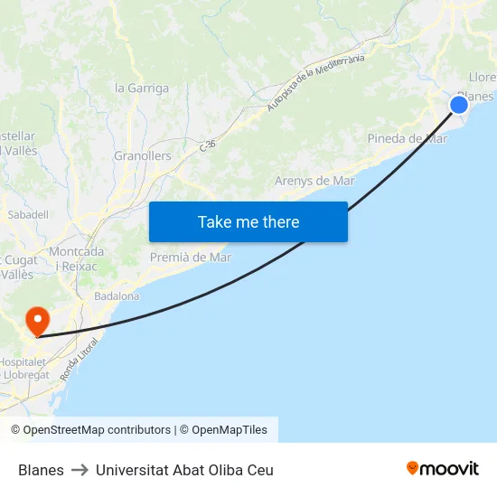 Blanes to Universitat Abat Oliba Ceu map