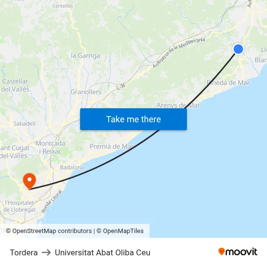 Tordera to Universitat Abat Oliba Ceu map