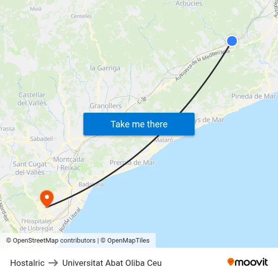 Hostalric to Universitat Abat Oliba Ceu map