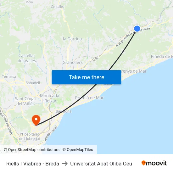 Riells I Viabrea - Breda to Universitat Abat Oliba Ceu map