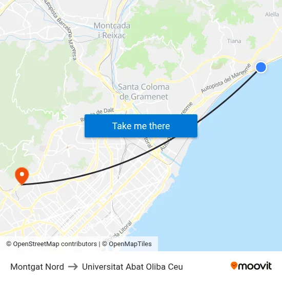 Montgat Nord to Universitat Abat Oliba Ceu map