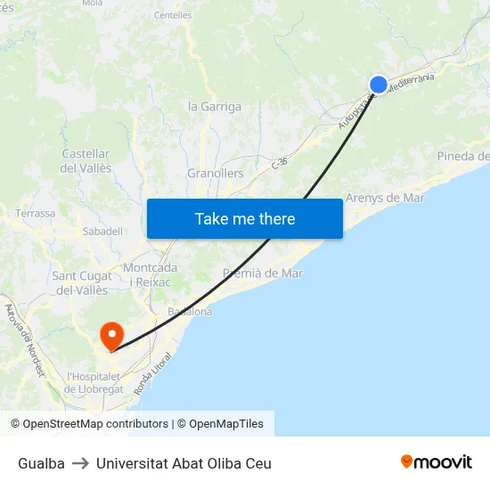 Gualba to Universitat Abat Oliba Ceu map