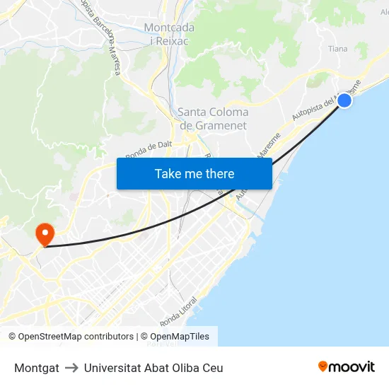 Montgat to Universitat Abat Oliba Ceu map