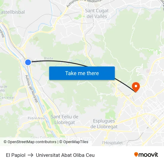 El Papiol to Universitat Abat Oliba Ceu map