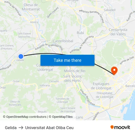 Gelida to Universitat Abat Oliba Ceu map