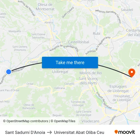 Sant Sadurní D’Anoia to Universitat Abat Oliba Ceu map