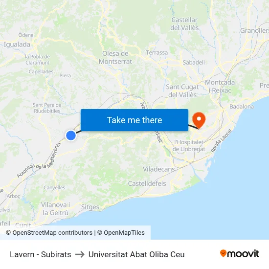 Lavern - Subirats to Universitat Abat Oliba Ceu map