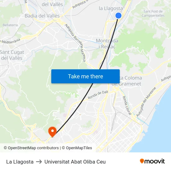 La Llagosta to Universitat Abat Oliba Ceu map