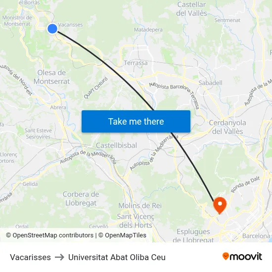 Vacarisses to Universitat Abat Oliba Ceu map