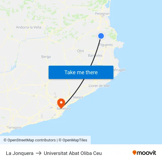 La Jonquera to Universitat Abat Oliba Ceu map