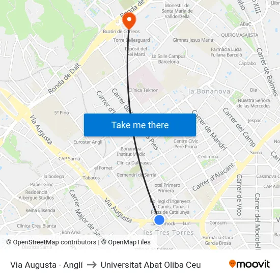 Via Augusta - Anglí to Universitat Abat Oliba Ceu map