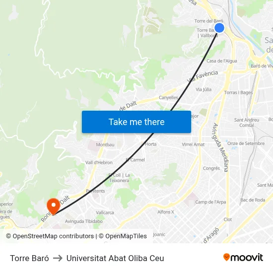 Torre Baró to Universitat Abat Oliba Ceu map