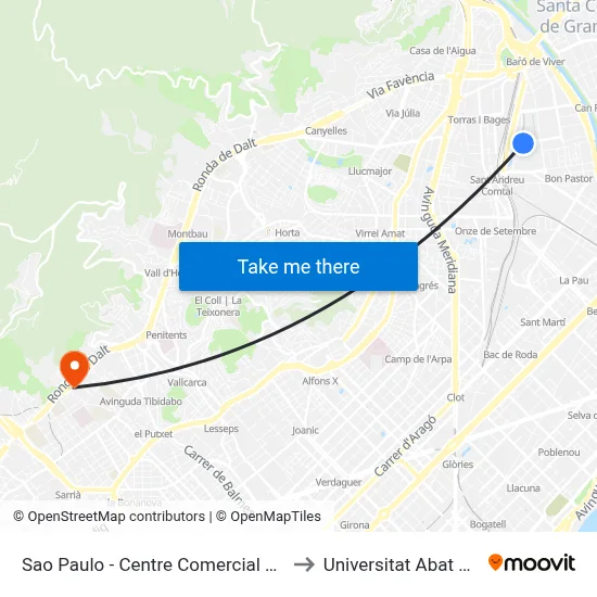 Sao Paulo - Centre Comercial La Maquinista to Universitat Abat Oliba Ceu map