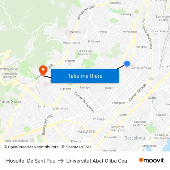 Hospital De Sant Pau to Universitat Abat Oliba Ceu map