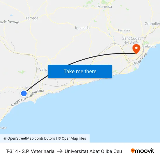 T-314 - S.P. Veterinaria to Universitat Abat Oliba Ceu map
