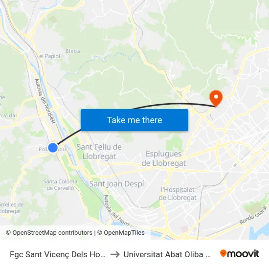 Fgc Sant Vicenç Dels Horts to Universitat Abat Oliba Ceu map
