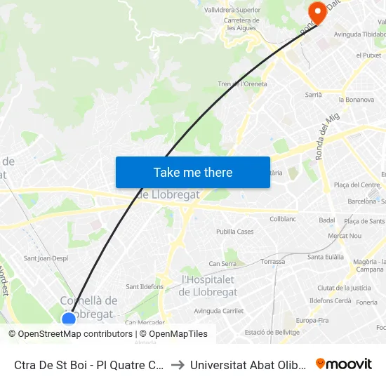 Ctra De St Boi - Pl Quatre Camins to Universitat Abat Oliba Ceu map