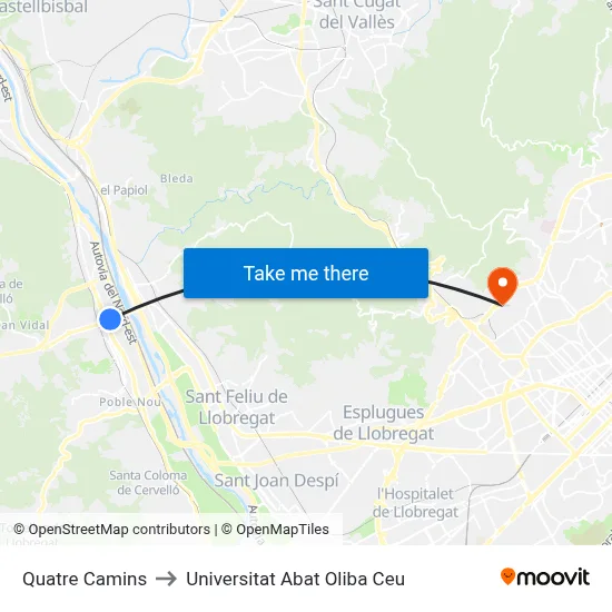 Quatre Camins to Universitat Abat Oliba Ceu map