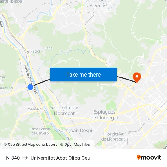 N-340 to Universitat Abat Oliba Ceu map