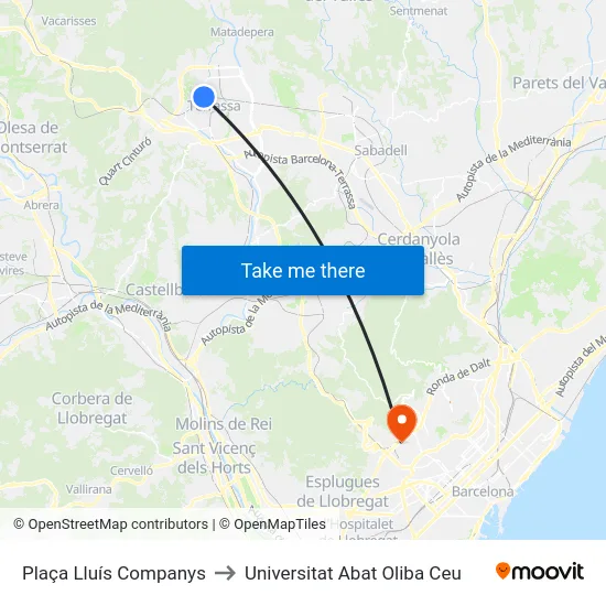 Plaça Lluís Companys to Universitat Abat Oliba Ceu map