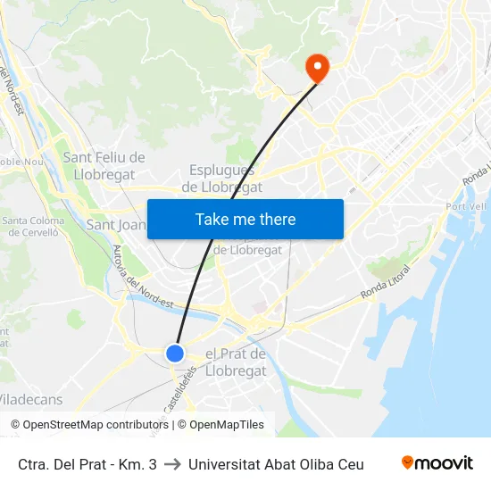 Ctra. Del Prat - Km. 3 to Universitat Abat Oliba Ceu map