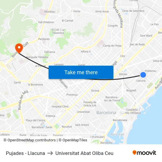 Pujades - Llacuna to Universitat Abat Oliba Ceu map