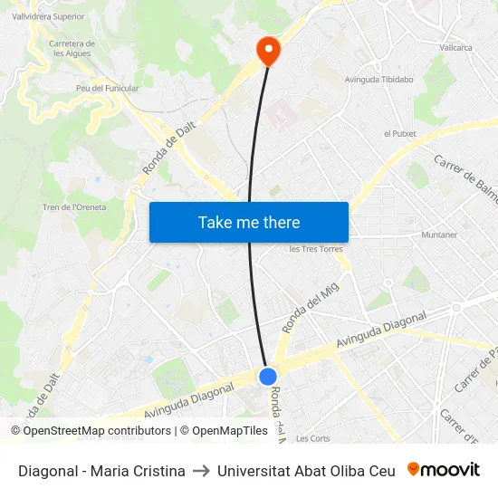 Diagonal - Maria Cristina to Universitat Abat Oliba Ceu map