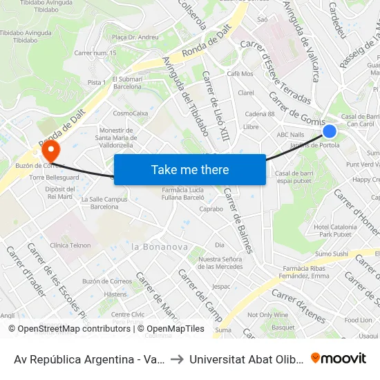 Av República Argentina - Vallcarca to Universitat Abat Oliba Ceu map