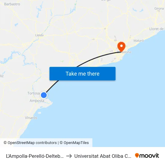 L'Ampolla-Perelló-Deltebre to Universitat Abat Oliba Ceu map