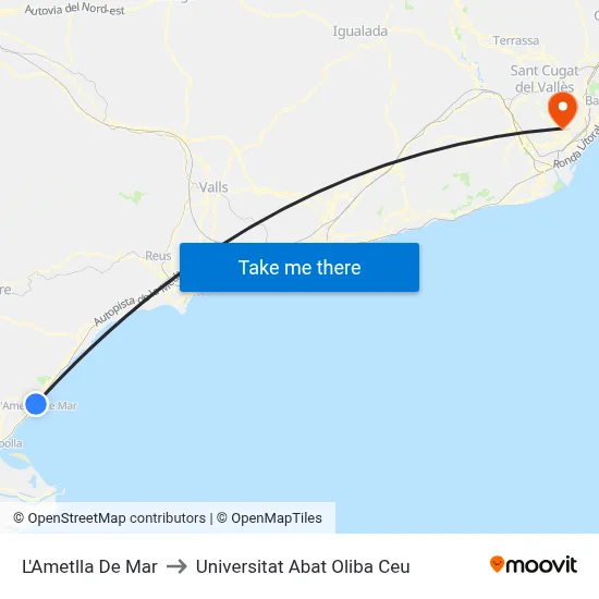 L'Ametlla De Mar to Universitat Abat Oliba Ceu map