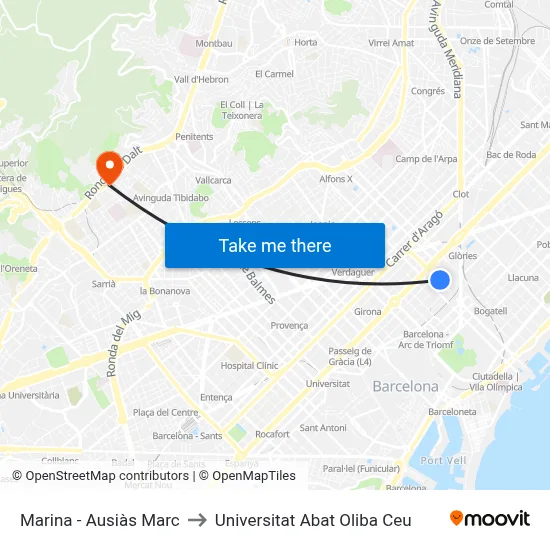 Marina - Ausiàs Marc to Universitat Abat Oliba Ceu map