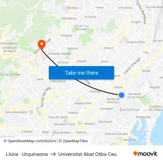 Llúria - Urquinaona to Universitat Abat Oliba Ceu map