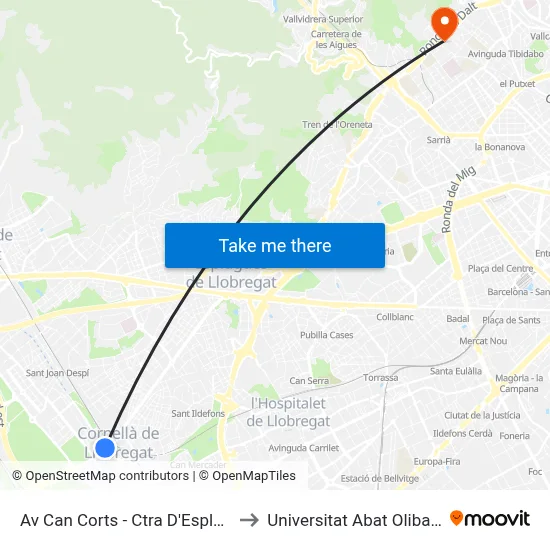 Av Can Corts - Ctra D'Esplugues to Universitat Abat Oliba Ceu map