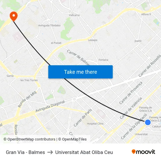 Gran Via - Balmes to Universitat Abat Oliba Ceu map