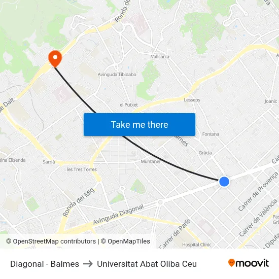 Diagonal - Balmes to Universitat Abat Oliba Ceu map