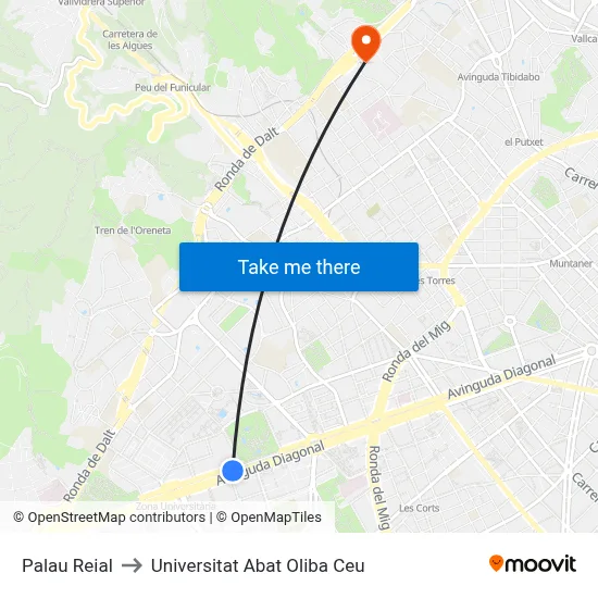Palau Reial to Universitat Abat Oliba Ceu map
