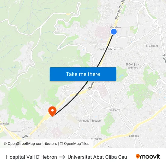 Hospital Vall D'Hebron to Universitat Abat Oliba Ceu map