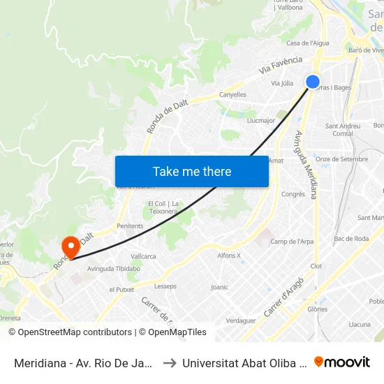 Meridiana - Av. Rio De Janeiro to Universitat Abat Oliba Ceu map