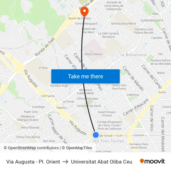 Via Augusta - Pl. Orient to Universitat Abat Oliba Ceu map