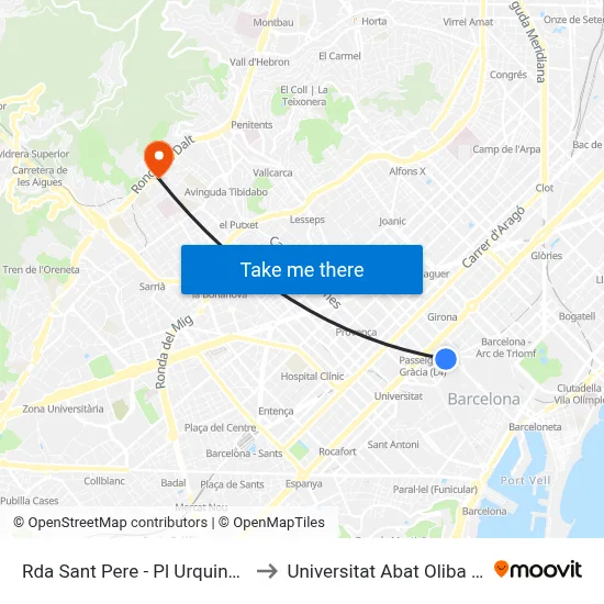 Ronda Sant Pere - Pl Urquinaona to Universitat Abat Oliba Ceu map