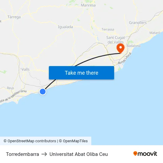 Torredembarra to Universitat Abat Oliba Ceu map