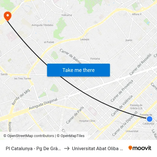 Pl Catalunya - Pg  De Gràcia to Universitat Abat Oliba Ceu map