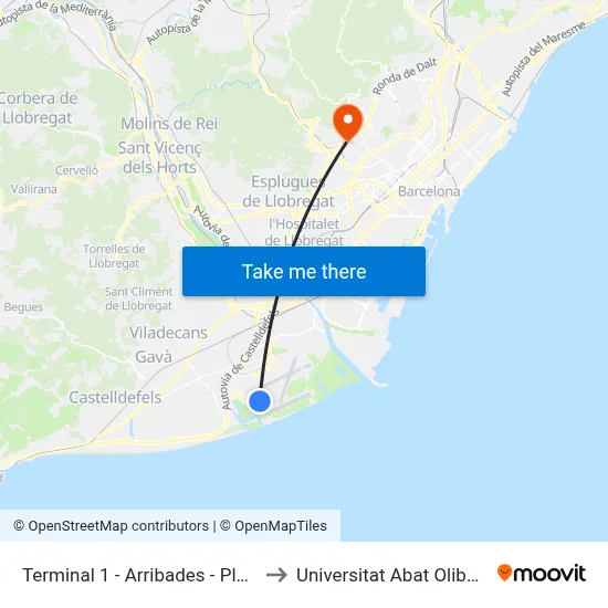 Terminal 1 - Arribades -  Planta 0 to Universitat Abat Oliba Ceu map