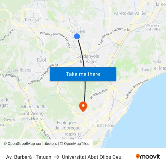 Av. Barberà - Tetuan to Universitat Abat Oliba Ceu map