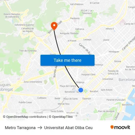 Metro Tarragona to Universitat Abat Oliba Ceu map